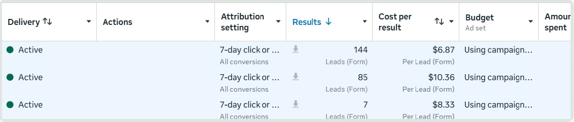 Selected campaign rows showing 144, 85 and 7 form leads and their cost per lead